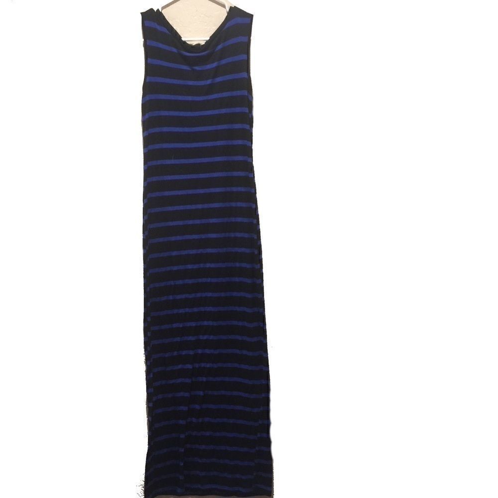 Sleeveless Blue Black Striped Maxi Dress Jersey Knit Small